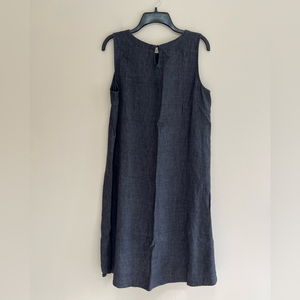 EILEEN FISHER Jewel Neck Organic Linen Sleeveless Dress in Dark Navy Blue, PM - Picture 3 of 9